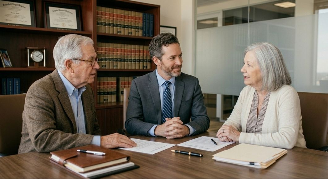elderly couple speaking with attorney in office